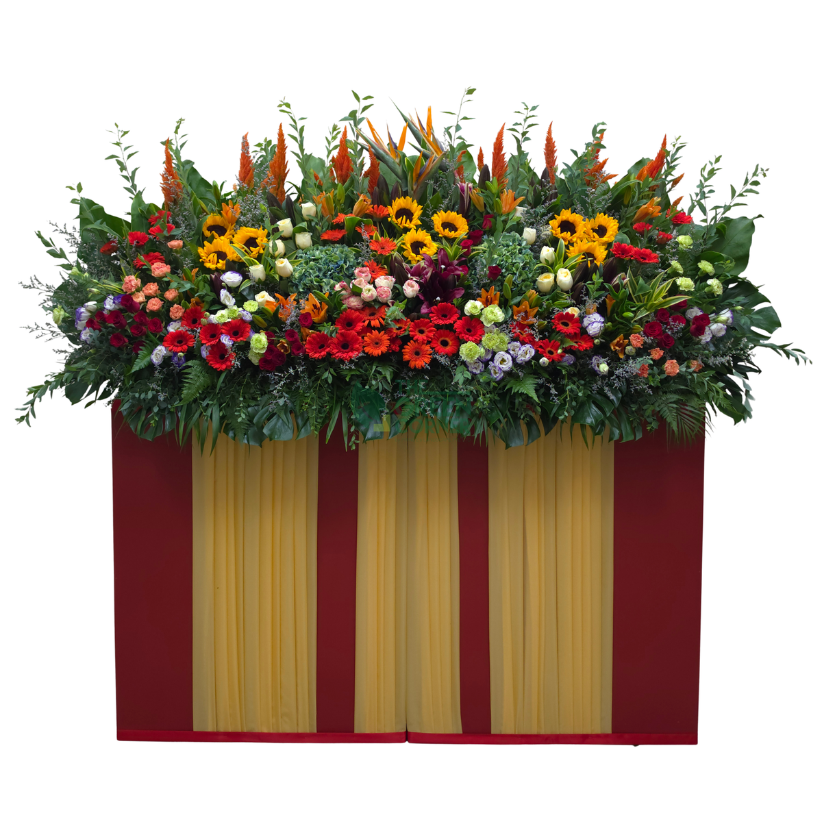 Prosperity Spire grand opening flower stand in bold red, orange and gold with bird of paradise, sunflowers and roses — The Green Corner Singapore
