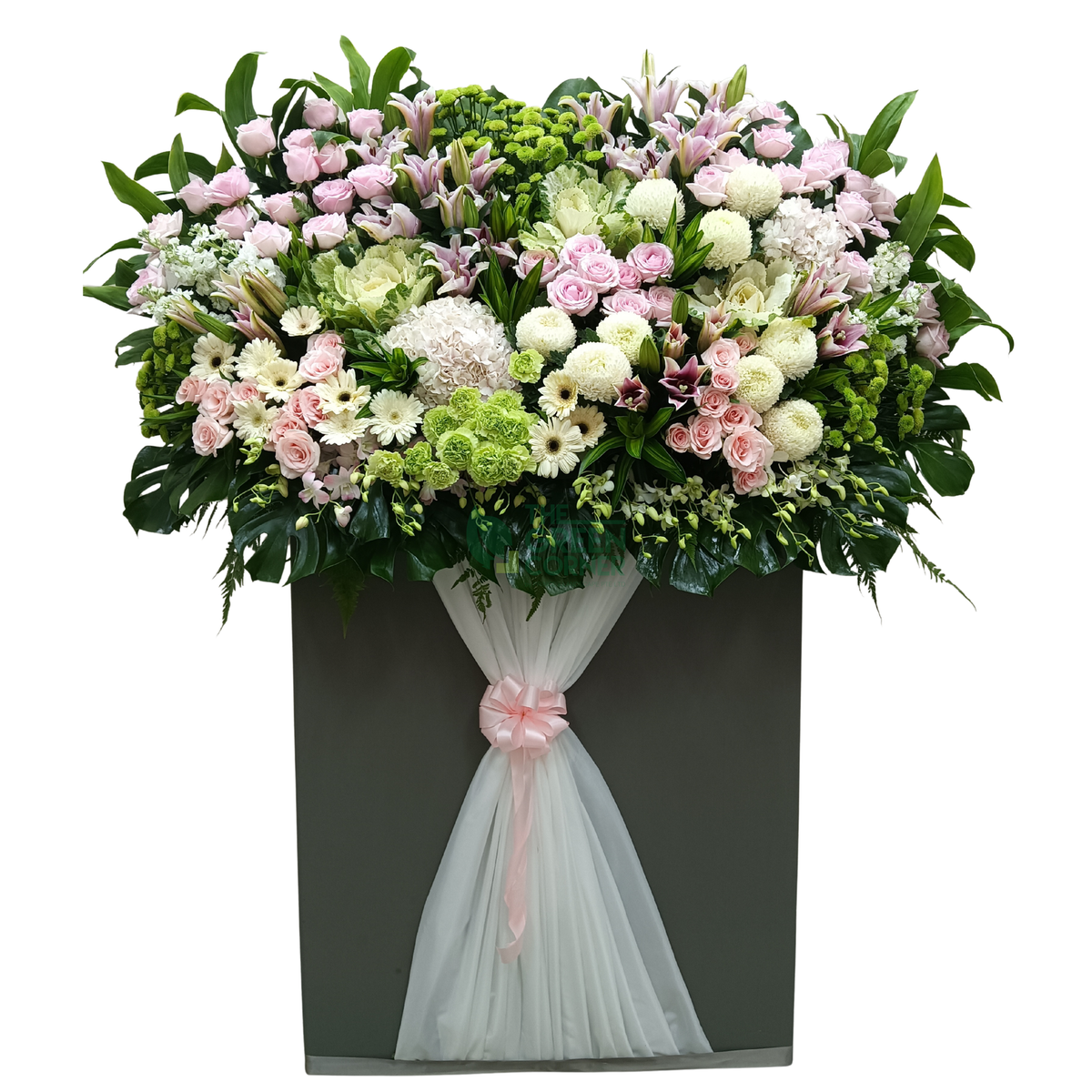 Timeless Garland condolence wreath in soft pink and white with roses, lilies and orchids on a tall stand — The Green Corner Singapore
